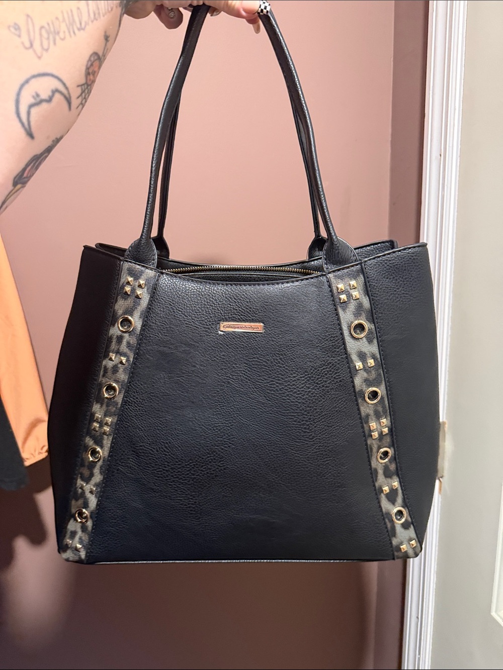 Catherine Malandrino Black Tote with Studded Accent Strips